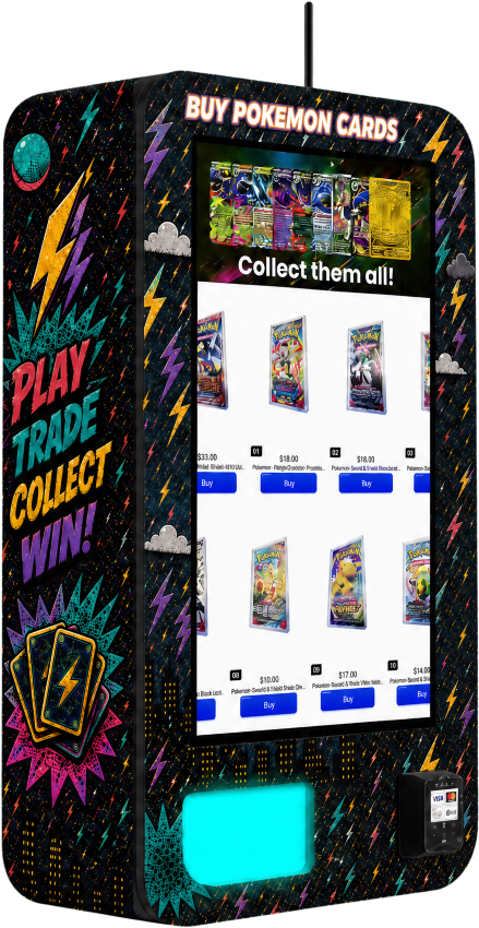 A Rainey Day Ripz vending machine with a lightning-pattern wrap and a touchscreen showing Pokémon booster packs